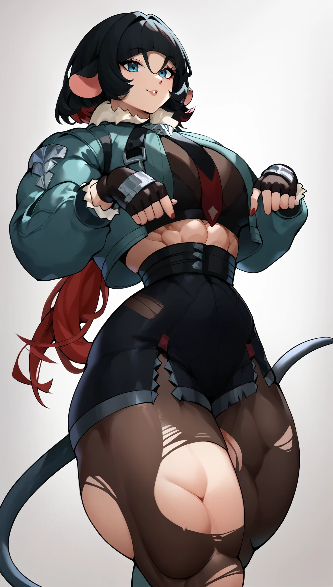 1girl, janedoe, bangs, black hair, blue eyes, red hair, long hair, mouse ears huge  
fur-trimmed jacket, green jacket, long sleeves, red necktie, high-waist black shorts, belt, fingerless gloves, single leg pantyhose, torn pantyhose, torn thighhighs, grey boots
tail, red fingernailsextremely muscular woman, flawless perfectly trained body, zero body fat, mighty and hypermuscular professional female bodybuilder, dominant woman, great muscle definition, 