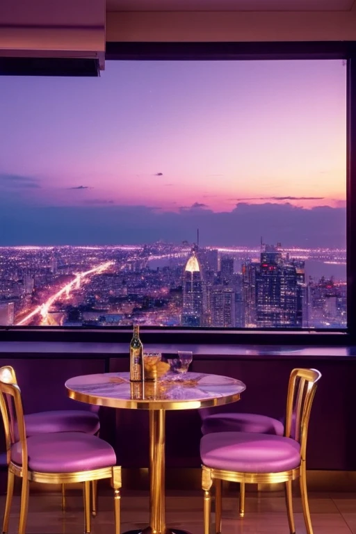 dreamy, luxurious kitchen with satin metallic furniture at twilight with a view overlooking of a city. gradient of purples and pinks sky, enhancing the magical, serene atmosphere. 1994 retro film still, retrowave