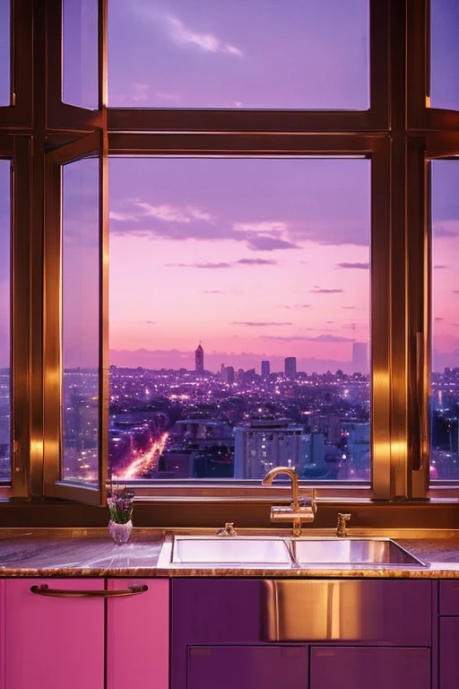 dreamy, luxurious kitchen with satin metallic furniture at twilight with a view overlooking of a city. gradient of purples and pinks sky, enhancing the magical, serene atmosphere. 1994 retro film still, retrowave