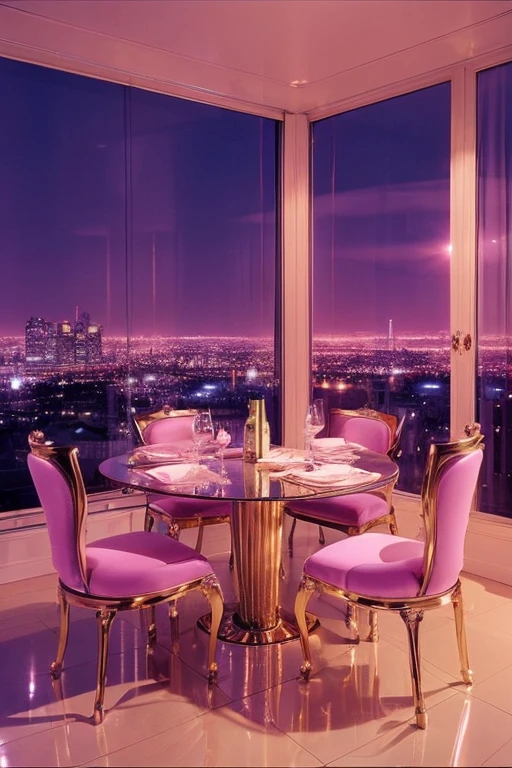 dreamy, luxurious kitchen with satin metallic furniture at twilight with a view overlooking of a city. gradient of purples and pinks sky, enhancing the magical, serene atmosphere. 1994 retro film still, retrowave