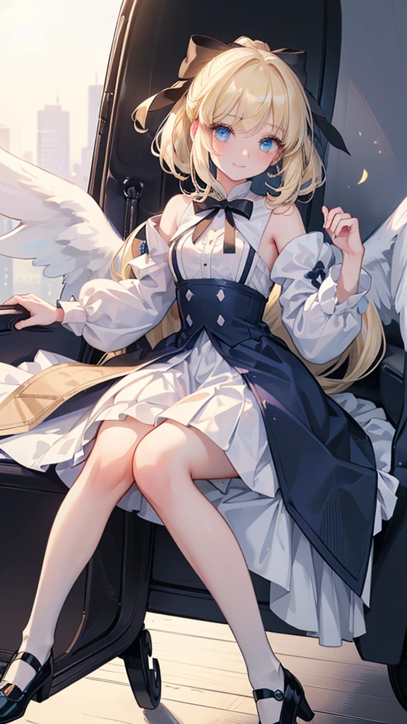 (masterpiece, Best quality:1.2), Extremely detailed, Fine Hair, Soft skin, 1 girl, solitary, eternal, Angel wings，blond hair, Long hair, Blue Eyes, Long eyelashes, Thick eyelashes, Smile， Lolita style pleated skirt, , Puff sleeves, Juliet sleeves, Long sleeve,White socks，Blue high heels，Get off the car