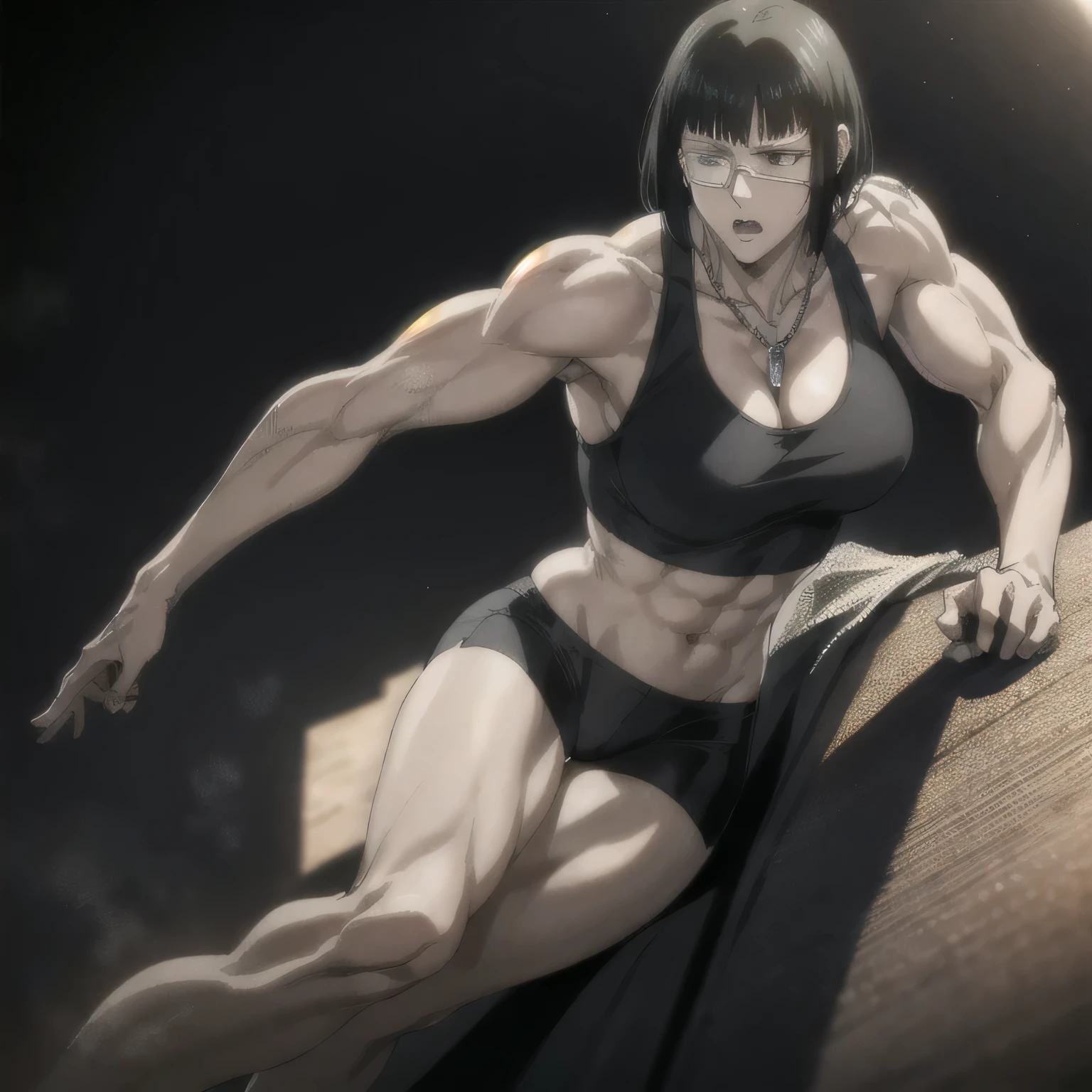 (best quality,ultra-detailed,realistic:1.37),musclaur badass girl with sculpted body with preview her musclaur body and six-pack, full review of the female character's face and body  confusing and negative posture, studio lighting, vivid colors, physiologically-based rendering, grungy texture, rugged background, dust particles in the air, commanding presence, professional, powerful, gritty aesthetics,,Valmet،short hair,necklace,Light reflection on shoulders,Sweat in muscles،،wearing black sport  shorts and midriff tank top, tattoos on shoulders،Fat free body,Hand veins,,valmet with a penis,penis growth inside shorts, Valmet Her arms are tied at the top with a strong rope