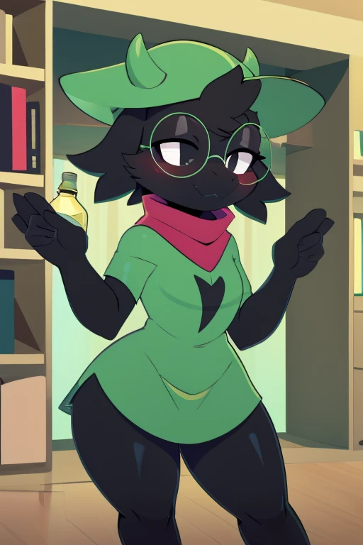  high quality , high res, contour,goat, female, by  why gena ,Raisei _( why gena ), ,   wide hips , flat colors, out, , huge coxas, black body, rabo de goat,  black hair , short  asymmetric hair , black eyes,  long eyelids  ,  cheek tuft , Chapel Verde ,  glasses bottle cap,green short top, red scarf, Pink Short,latex green long socks,  flat snout , small snout,  asymmetric hair , blush on face,huge coxas,   hands up  ,  female wrist ,  cute posture , 4 fingers, bookstore 