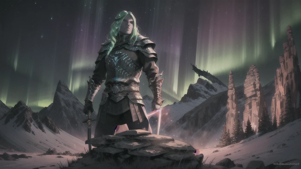 *an imposing hero on top of a mountain*, (northern lights), (luminous armor), (heavenly lights), holding a sword of light, (old book), (mystical power), ao redor, (Nephilims), (demons) skyrim , landscape, Solitude