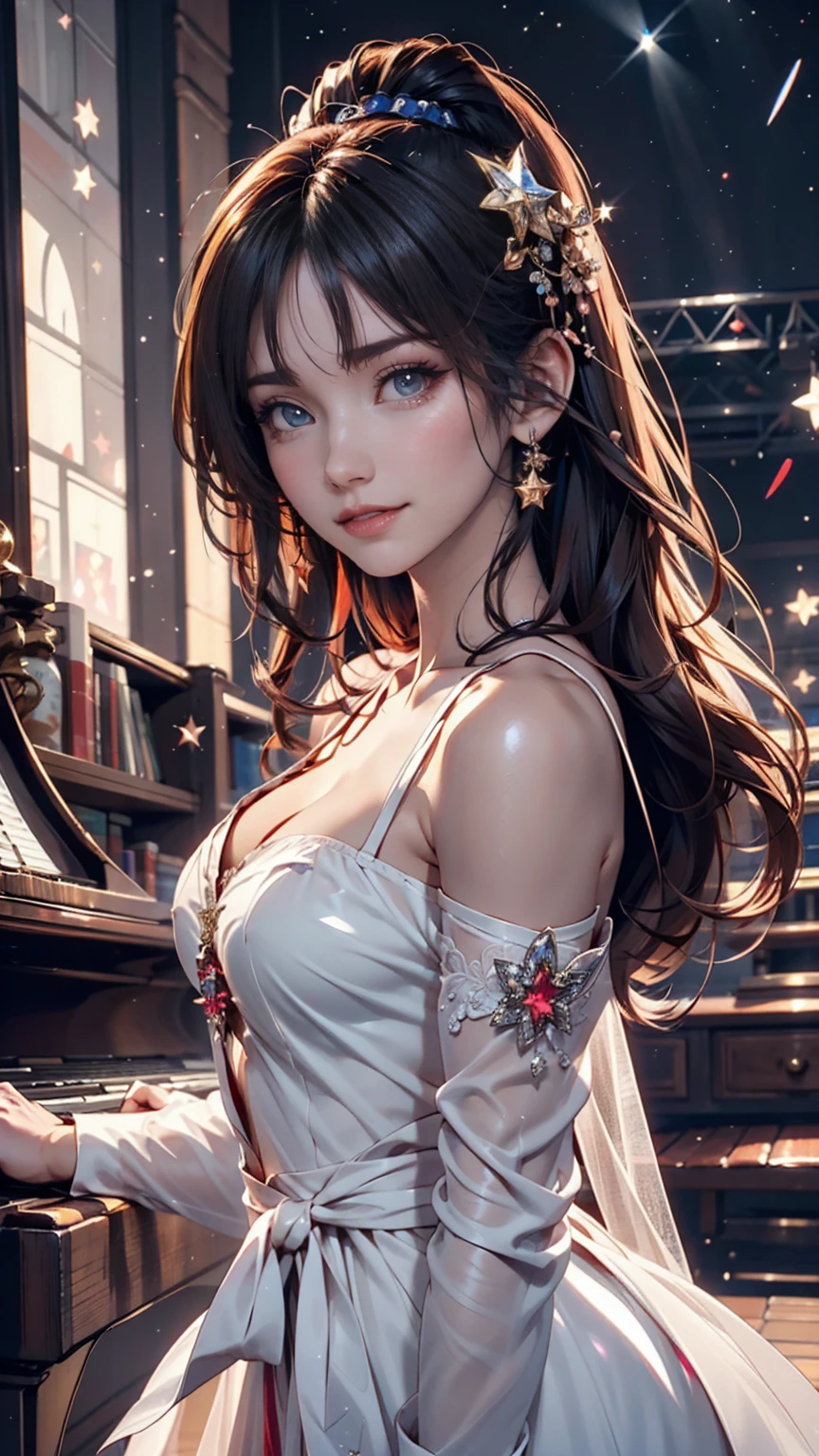 24-year-old woman、Attractive Young Woman, (Beautiful Face:1.1), Detailed eyes, Seductive lips, (eye make up:1.2), (Medium chest:1.0), (Toned body:1.2), Sexy proportions、Narrow waist、Off-the-shoulder dress、Piano Recital、sit at the grand piano、Piano performance、
