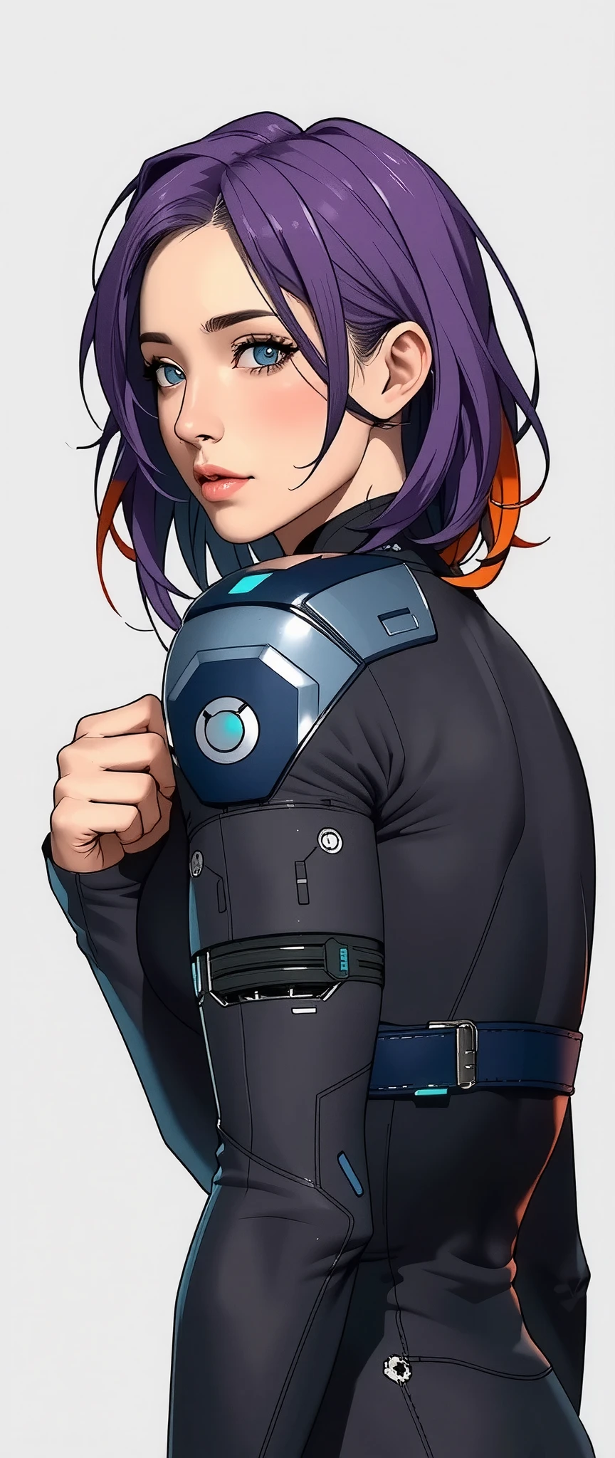 (masterpiece:1.2,Outstanding quality,Mirror finish,  A Cinematic Experience ),16k, wallpaper,( semi-realistic purple and green and orange hair:2.0),( cowboy shot:2.0), flat color ,(Beautiful android woman with gray and white background :2.0),( cyberpunk:2.0),( Anime Artwork ), Beautiful Gradients 