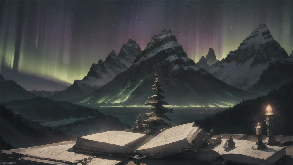 mountain*, (northern lights), (luminous armor), (heavenly lights), (old book), (mystical power), ao redor, (Nephilims),  skyrim , landscape, Solitude