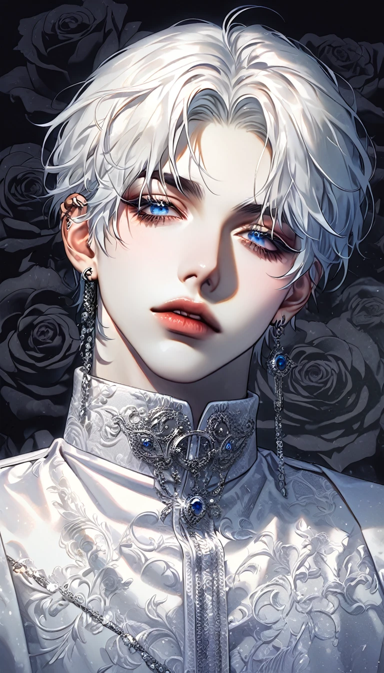 KPOP, absurdres, highres, ultra detailed, HDR, master piece, best quality, extremely detailed face, delicated features, Jaehwan , White hair, short hair, no fringe, without bangs, handsome hair, cool blue eyes, The World After The Fall, Alone, Sensual, Young face, black dark Gothic style, cold, Transparent, black, Boyfriend, Pierce, earring, KPOP boy, Draw a large background, anime, KPOP model, black Rose background, Draw a large background, 4K, High image quality, Korean makeup, His full body shot, Draw a person small, Do various poses