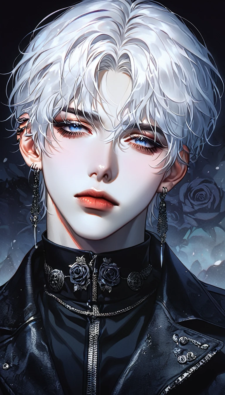 KPOP, absurdres, highres, ultra detailed, HDR, master piece, best quality, extremely detailed face, delicated features, Jaehwan , White hair, short hair, no fringe, without bangs, handsome hair, cool blue eyes, The World After The Fall, Alone, Sensual, Young face, black dark Gothic style, cold, Transparent, black, Boyfriend, Pierce, earring, KPOP boy, Draw a large background, anime, KPOP model, black Rose background, Draw a large background, 4K, High image quality, Korean makeup, His full body shot, Draw a person small, Do various poses