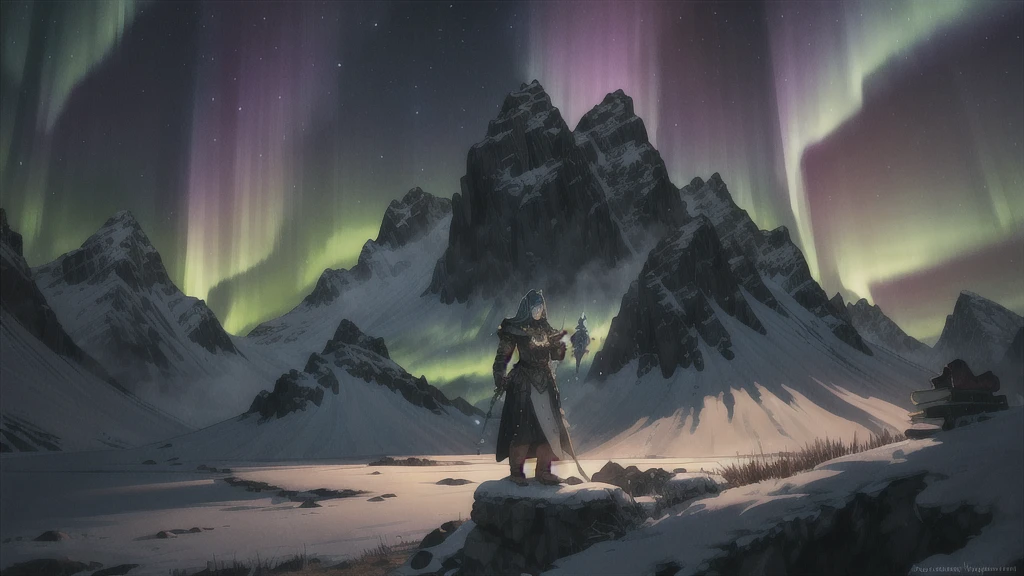 mountain*, (northern lights), (luminous armor), (heavenly lights), (old book), (mystical power), ao redor, (Nephilims),  skyrim , landscape, Solitude