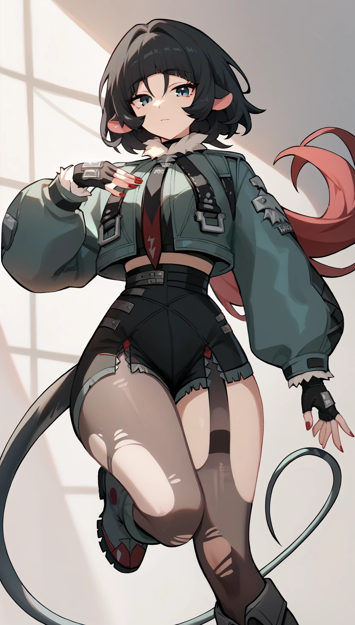 1girl, janedoe, bangs, black hair, blue eyes, red hair, long hair, mouse ears
fur-trimmed jacket, green jacket, long sleeves, red necktie, high-waist black shorts, belt, fingerless gloves, single leg pantyhose, torn pantyhose, torn thighhighs, grey boots
tail, red fingernails