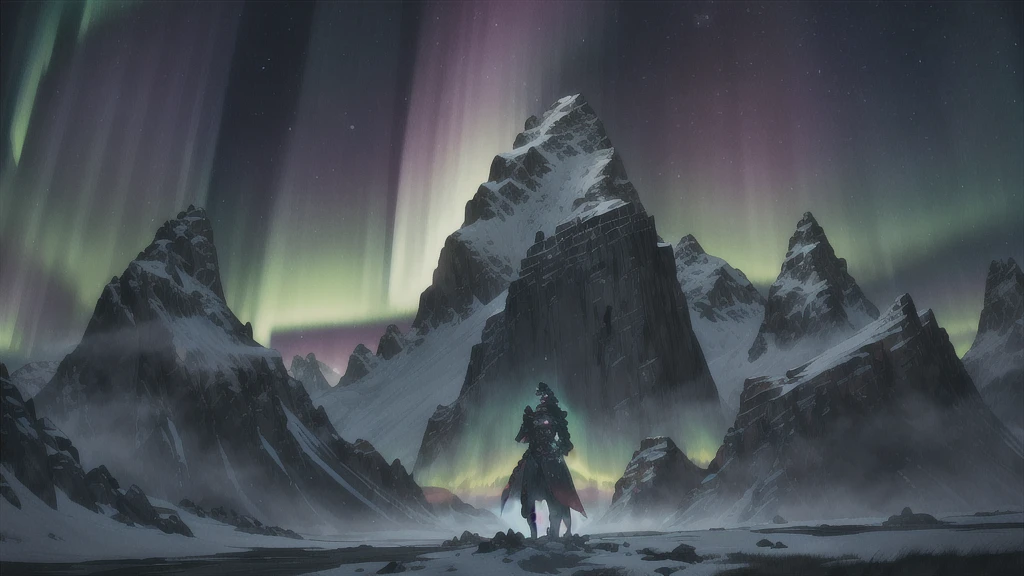 mountain*, (northern lights), (luminous armor), (heavenly lights), (mystical power), ao redor, (Nephilims), skyrim , landscape, Solitude