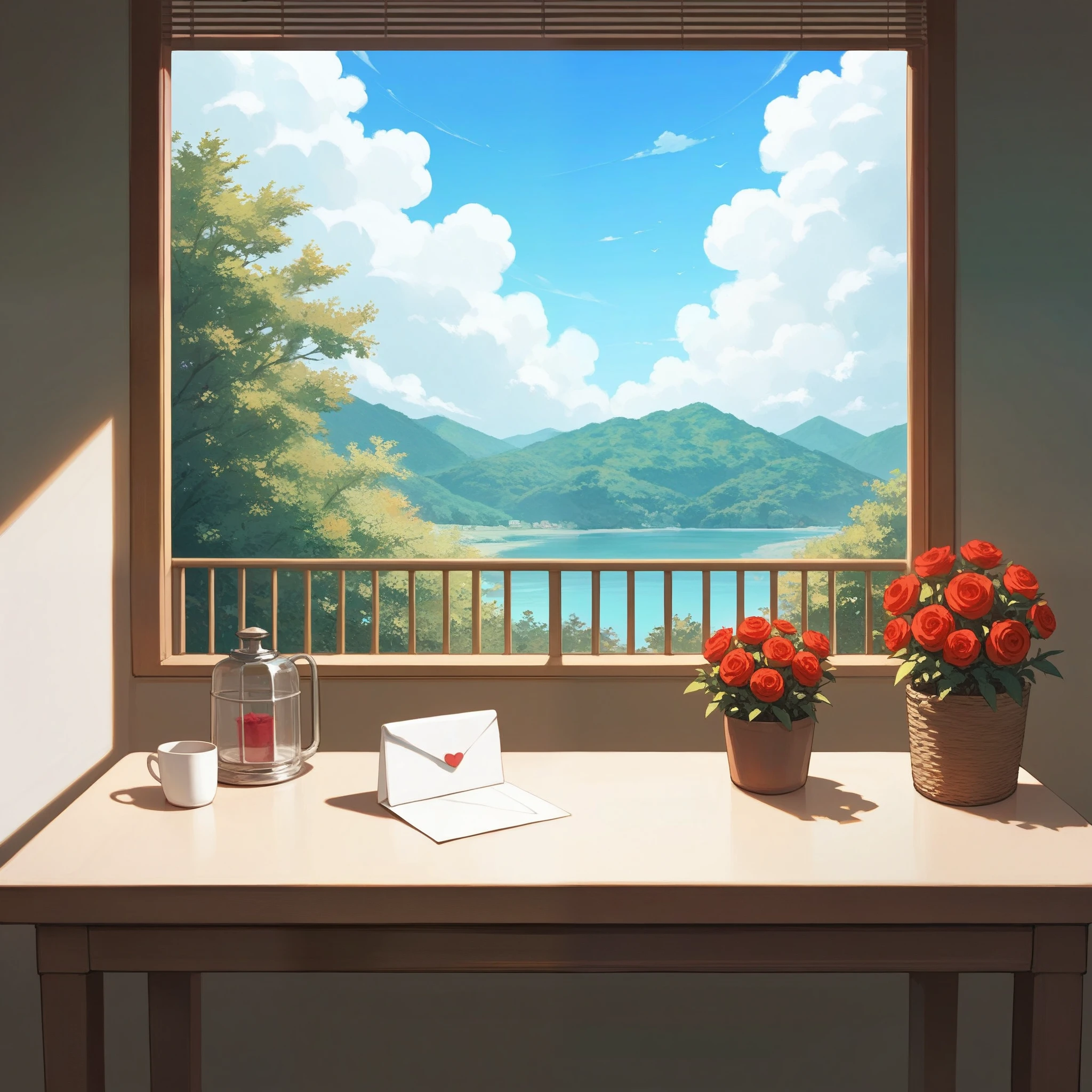 score_9, score_8_up, score_7_up, score_6_up, score_5_up, score_4_up, source_anime, (anime), scenery, items photo, a red rose and a love letter lie on table