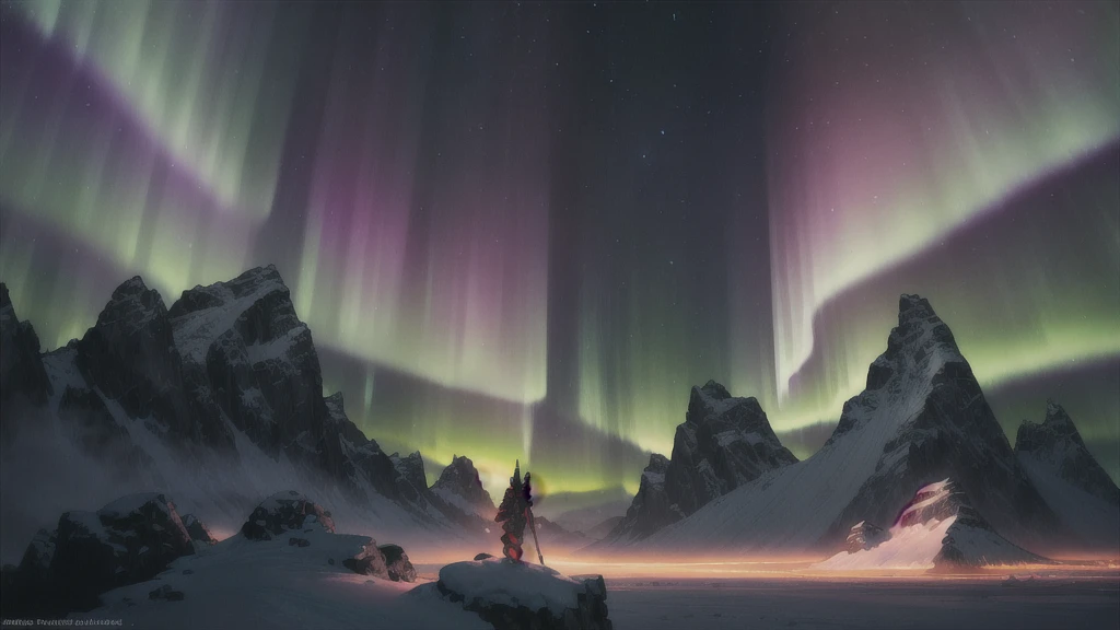 mountain*, (northern lights), (luminous armor), (heavenly lights), (mystical power), ao redor, (Nephilims), skyrim , landscape, Solitude ,sword