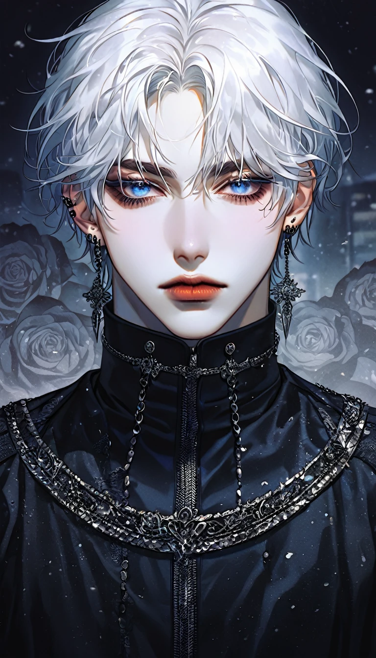 KPOP, absurdres, highres, ultra detailed, HDR, master piece, best quality, extremely detailed face, delicated features, Jaehwan , White hair, short hair, no fringe, without bangs, handsome hair, cool blue eyes, The World After The Fall, Alone, Sensual, Young face, black dark Gothic style, cold, Transparent, black, Boyfriend, Pierce, earring, KPOP boy, Draw a large background, anime, KPOP model, black Rose background, Draw a large background, 4K, High image quality, Korean makeup, His full body shot, Draw a person small, villain pose