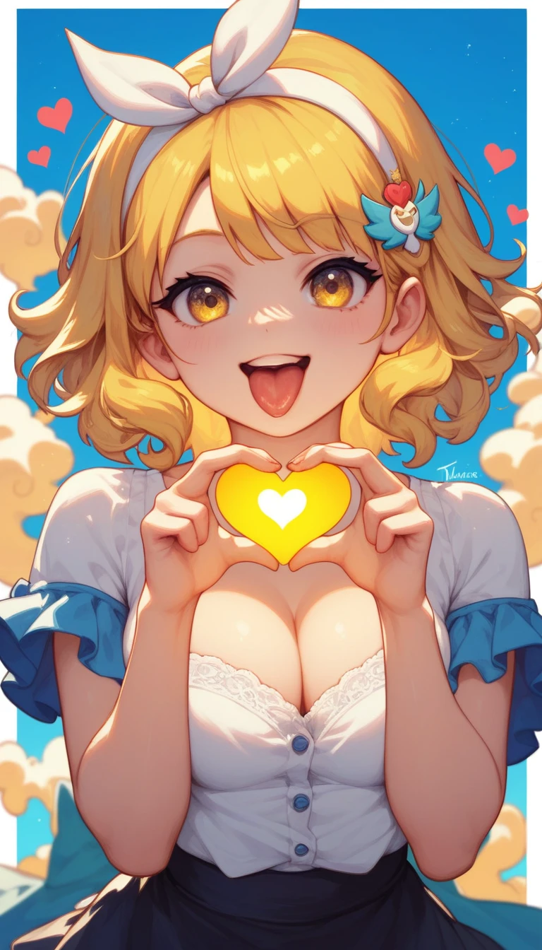 NSFW, Score 9, Score 8 up, Score 7 up, The evaluation is questionable,
Detailed Background, Glowing Skin,what is yayoi, yellow hair, yellow eyes, white hairband, hair ornament, medium hair, toppless, chibi girl, immoral smile, open mouth, :O, stick on tongue, Cleavage, Heart with hands placed in front of face, Browsing Caution