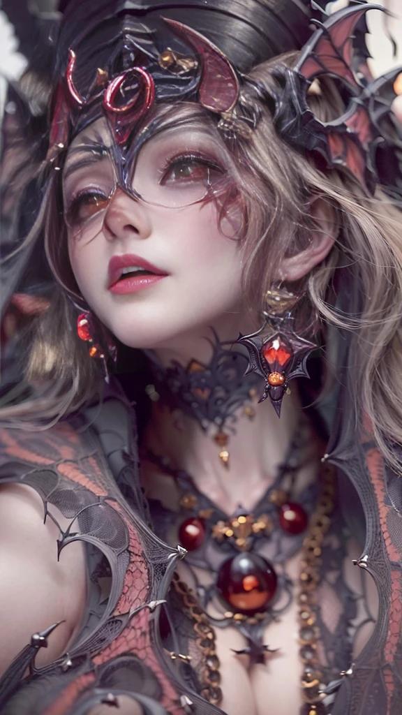 ((32K:1.9, Dark fantasy:1.9,   Horror Portrait  ,  Best Quality , masterpiece,  ultra high resolution)),   perfect dynamic composition:1.3, chaos, Dark Background:1.3,   Dark Demon World  , (Wear   elegant jewelry:1.4),   very detailed  な肌と顔の質感:1.3, Very accurate,   very detailed , ((  sexy:1.3,  Devil's Dirty Devil Has Big Wings:1.4,    Beautiful and Aesthetic :1.3)), Horn,   white skin, Sensual posture, ( Sensual Big Eyes  , feel the   EXCITING   caress,  Please open your mouth a little, lipstick,   Feel the Eroticism  :0.9,   sexyすぎる:0.9, charm的な:0.9), ((Bloody:1.5, Covered in scars:1.5,   Halloween  :1.3,    trick or treat  , Lots of bats,   lots of pumpkins  :1.4)),  Super Long Curly Hair ,   earrings with cups ,  necklace ,   bracelet,  Countless Chains Tangled in Clothes ,   romantic  , Mysterious,   elegant, Object of praise, original, dramatic, Artistic, Innovative, charm, Heartful, Nice, sense of openness,  sense of cleanliness , Special,   EXCITING  , grotesque, Extreme, sense of loss, sorrow, sorrowの表現, (((サキュバスのcharm, 女性的なcharm)))