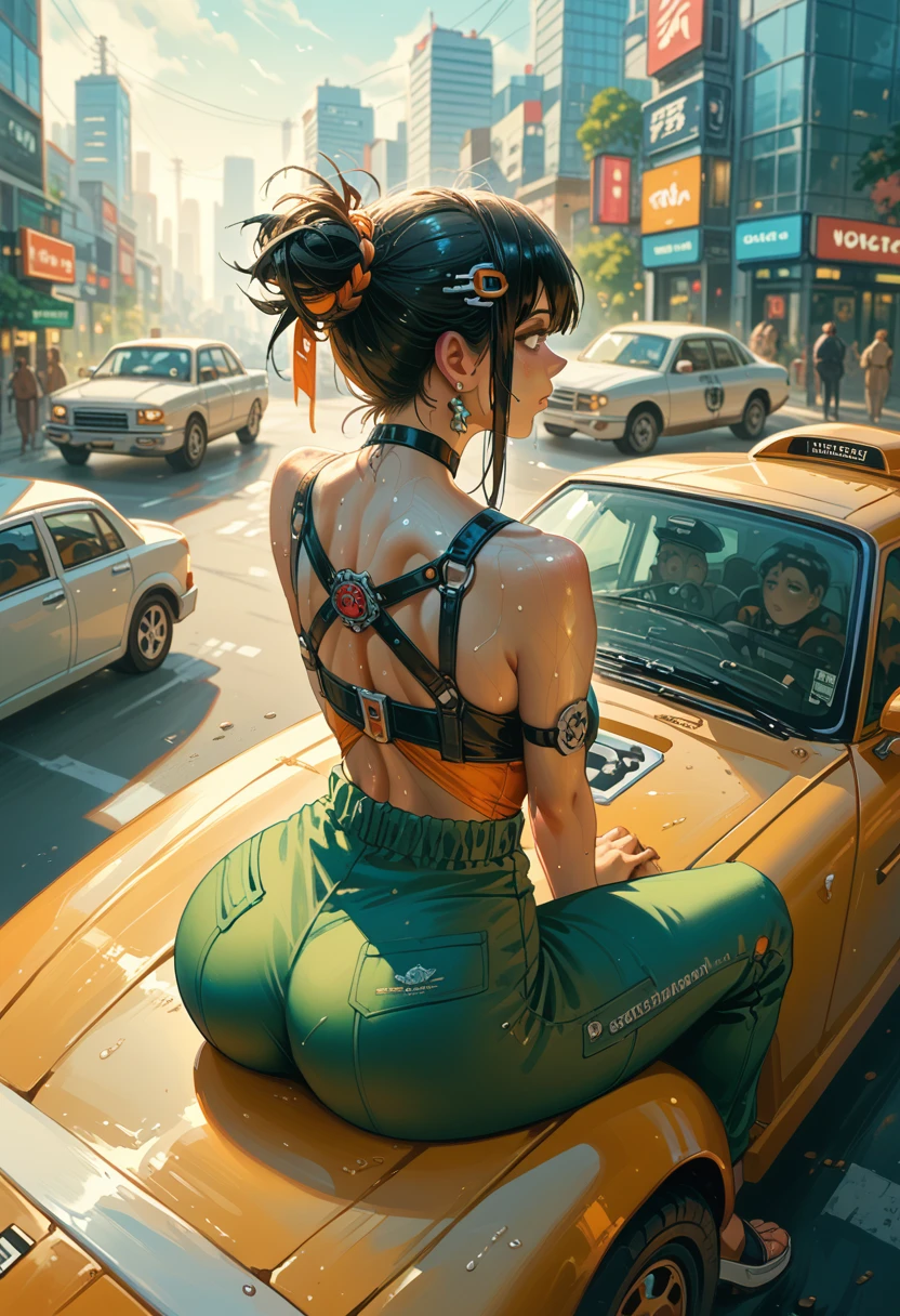 cinematic illusion visual cfi-fi from above a beautiful japanese woman hinata hyuga sitting on a flying vehicle sophisticated mechanic body design motif  futuristic orange black emitting green aura outdoors urban city future futurustic cyborgpunk neon underpants sweating showing big ass