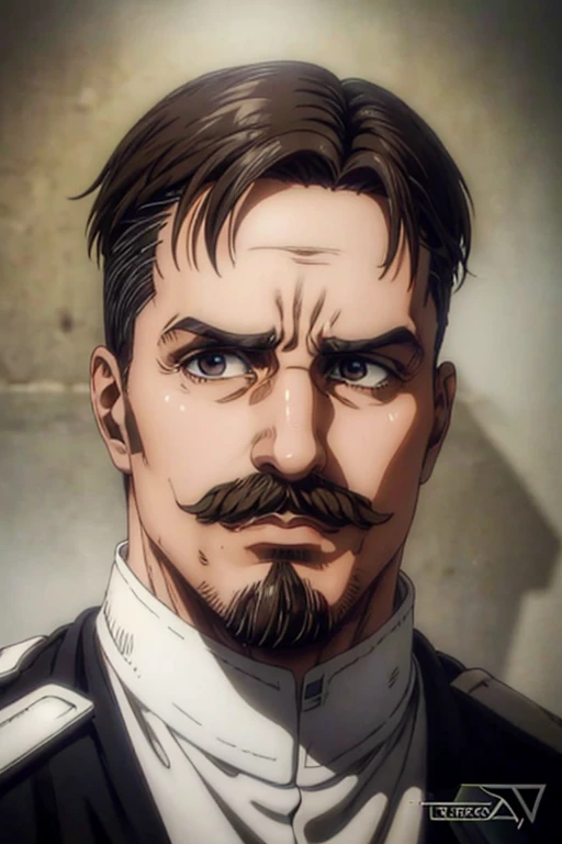 55 years old man, brown hair combed up, goatee and mustache, eyes black, serious expression, White military uniform, Marley, liberio, Obra-prima, Alta resolução, Detalhes altos, Retina.