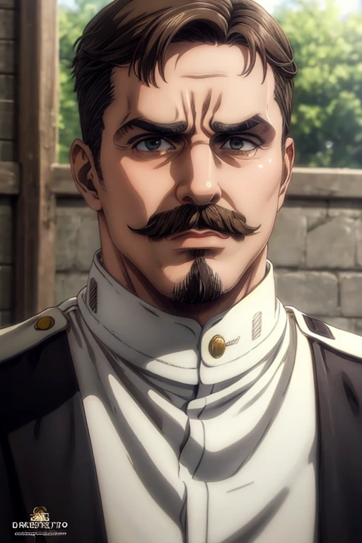 55 years old man, brown hair combed up, goatee and mustache, eyes black, serious expression, White military uniform, Marley, liberio, Obra-prima, Alta resolução, Detalhes altos, Retina.