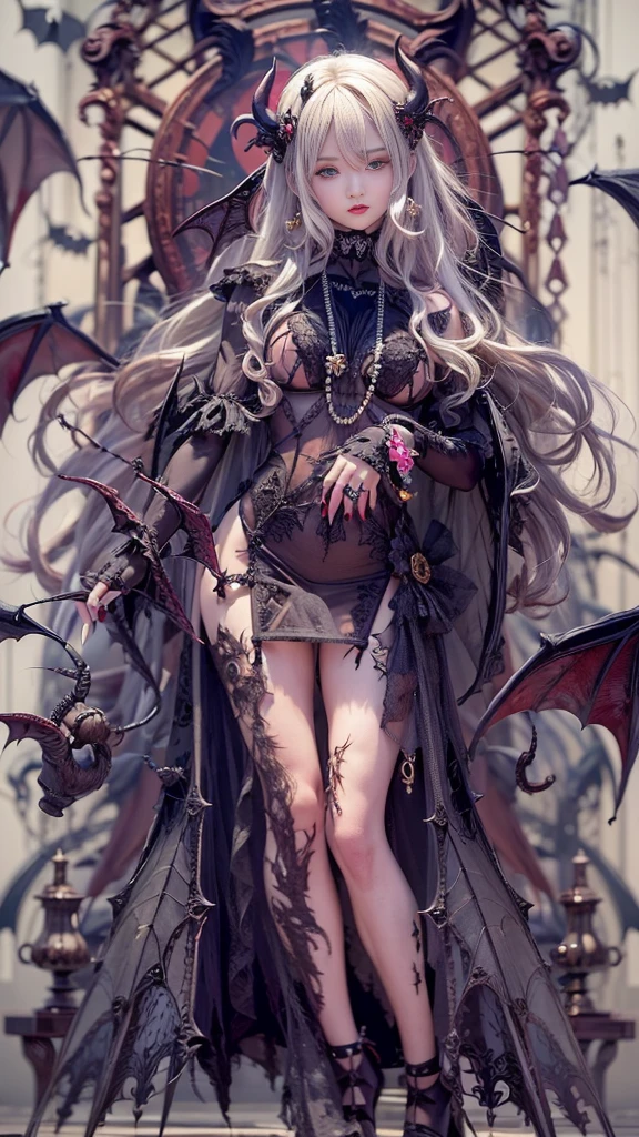 ((32K:1.9, Dark fantasy:1.9,   Horror Portrait  ,  Best Quality , masterpiece,  ultra high resolution)),   perfect dynamic composition:1.3, chaos, Dark Background:1.3,   Dark Demon World  , (Wear   elegant jewelry:1.4),   very detailed  な肌と顔の質感:1.3, Very accurate,  very detailed , (( sexy:1.3,  Devil's Dirty Devil Has Big Wings:1.4,  Beautiful and Aesthetic :1.3)), Horn,   white skin, Sensual posture, (Sensual Big Eyes , feel the   EXCITING   caress,  Please open your mouth a little, lipstick,   Feel the Eroticism  :0.9,  sexyすぎる:0.9, charm的な:0.9), ((Bloody:1.5, Covered in scars:1.5,  Halloween  :1.3,    trick or treat, Lots of bats,   lots of pumpkins ;1.4)),  Super Long Curly Hair ,  earrings with cups ,  necklace ,   bracelet,  Countless Chains Tangled in Clothes ,   romantic , Mysterious,   elegant, Object of praise, original, dramatic, Artistic, Innovative, charm, Heartful, Nice, sense of openness,  sense of cleanliness , Special,   EXCITING  , grotesque, Extreme, sense of loss, sorrow, sorrowの表現, (((サキュバスのcharm, 女性的なcharm)))