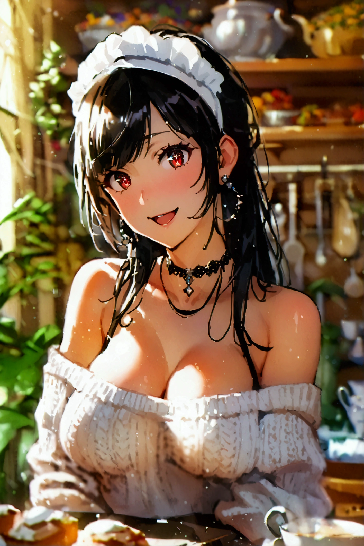 masterpiece, 1girl, Amazing Cleavage:1.3, thin waist, big ass, Raised sexy, medium breast:1.3,posed cleavage:1.2,solo, looking at viewer, open mouth, have a cup of coffee,black hair, red eyes, dress, bare shoulders, jewelry, collarbone, sidelocks, hairband, earrings, indoors, off shoulder, :o, sweater, arms behind back, plant, short hair with long locks, white hairband, off-shoulder dress, sweater dress, off-shoulder sweater, red sweater, big side hair, very long side hair,is rendered in (masterpiece: 1.2, best quality), with (ultra high resolution) and an exquisite (depth of field). This masterpiece is not only visually stunning but also tells, make of cooking some cakes ,in the kitchen,smile,seductive weak smiling,(with sparkling eyes and a contagious smile),open mouth, Looking at Viewer,