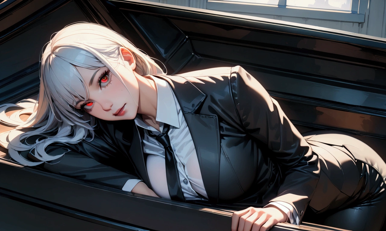 a mature vampire woman with big red eyes, white long hair, beautiful detailed face, laying down in a coffin, simple pose, attractive figure, shot straight. detailed outfit, white shirt, tight black suit, tie, tight black pants, (best quality,4k,8k,highres,masterpiece:1.2),ultra-detailed,HDR,UHD,studio lighting,ultra-fine painting,sharp focus,physically-based rendering,extreme detail description,professional,vivid colors,bokeh,dark fantasy,horror,chiaroscuro,dramatic lighting
