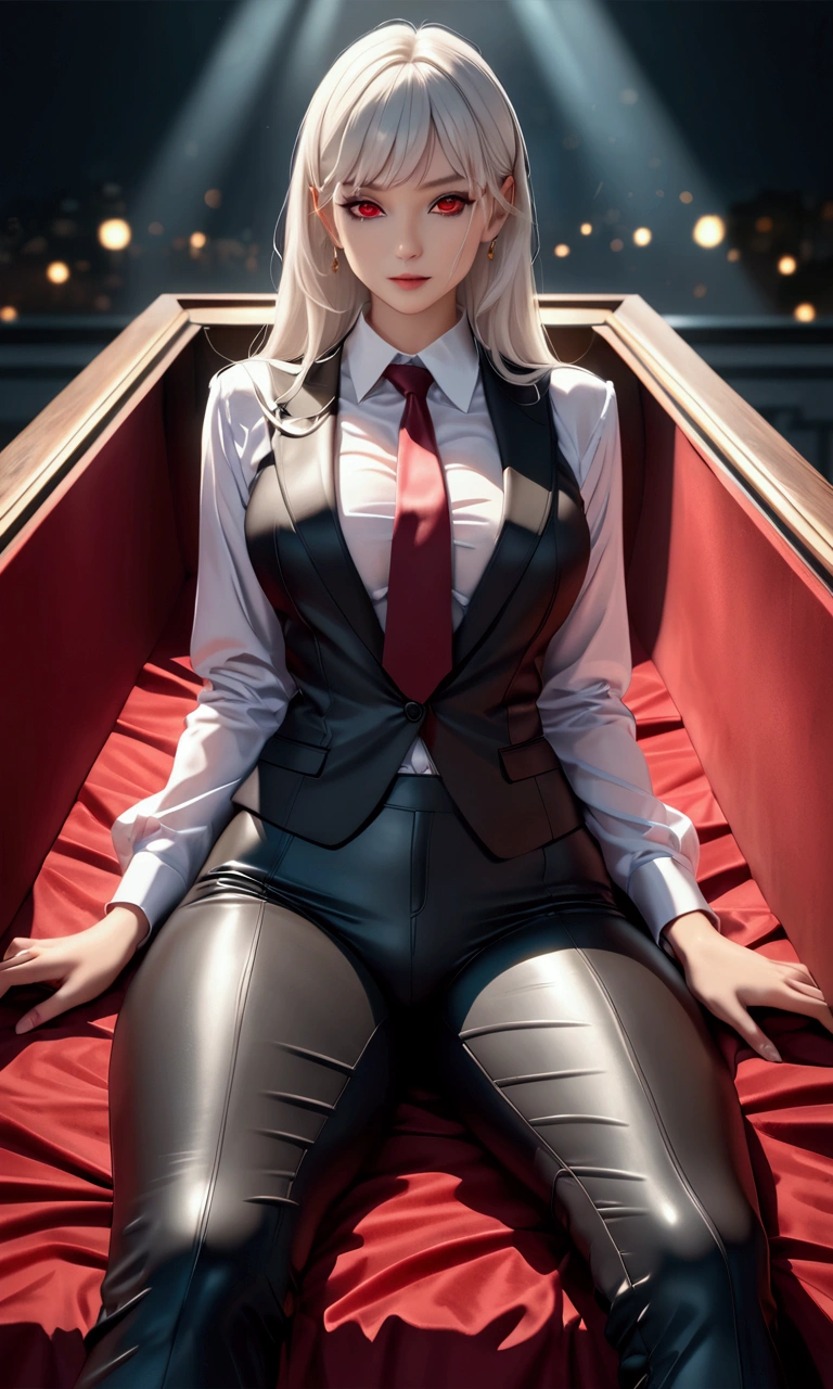 a mature vampire woman with big red eyes, white long hair, beautiful detailed face, laying down in a coffin, simple pose, attractive figure, shot straight. detailed outfit, white shirt, tight black suit, tie, tight black pants, (best quality,4k,8k,highres,masterpiece:1.2),ultra-detailed,HDR,UHD,studio lighting,ultra-fine painting,sharp focus,physically-based rendering,extreme detail description,professional,vivid colors,bokeh,dark fantasy,horror,chiaroscuro,dramatic lighting
