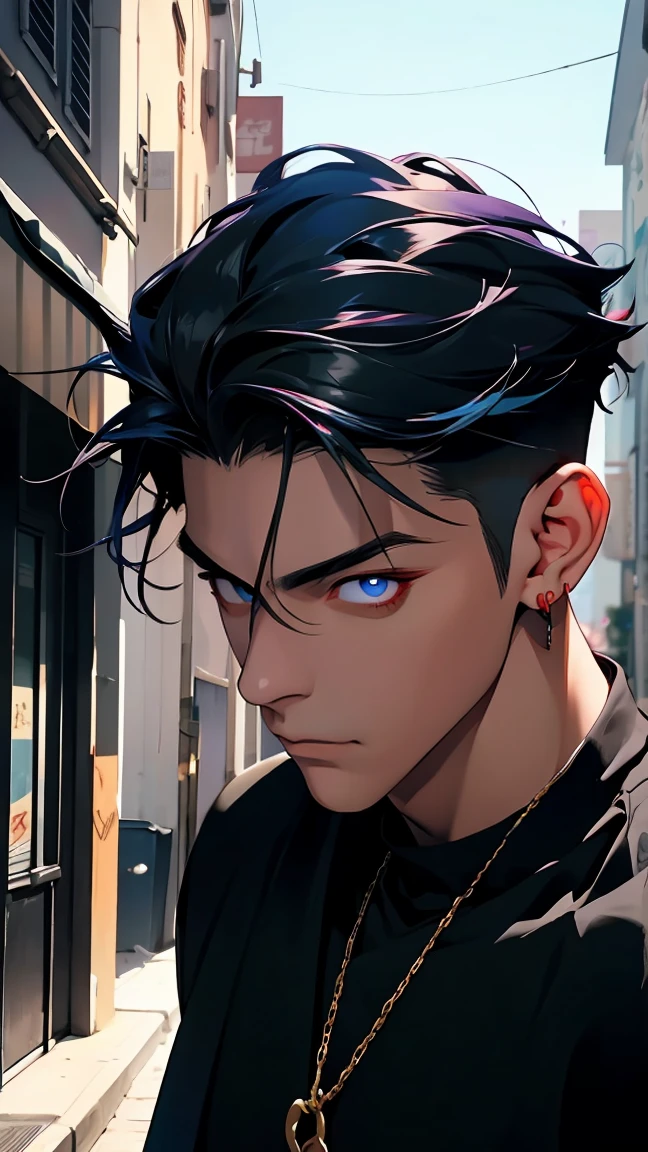 highest quality, 8K, high resolution image, anime style Jujutsu Kaisen, dark skin, (Cú Chulainn (Alter) | Fate | FGO ) detailed strokes, crazy look, piercing gaze, out of focus, purple light is reflected from it, 1 man, young, male, model, hand in pocket, cool guy, multicolored background with various geometric shapes, all around stickers, muscular, DARK BLUE HAIR, Dark Blue hair, red eyes, multicolored hair, blue hair, highlighted hair, Hairstyle: undercut, puffy chest, He is wearing a black sweatpants, gold link chain, Hand in the Pocket, background: he is standing, big city, streets, park, people, blue sky, cars, bicycle