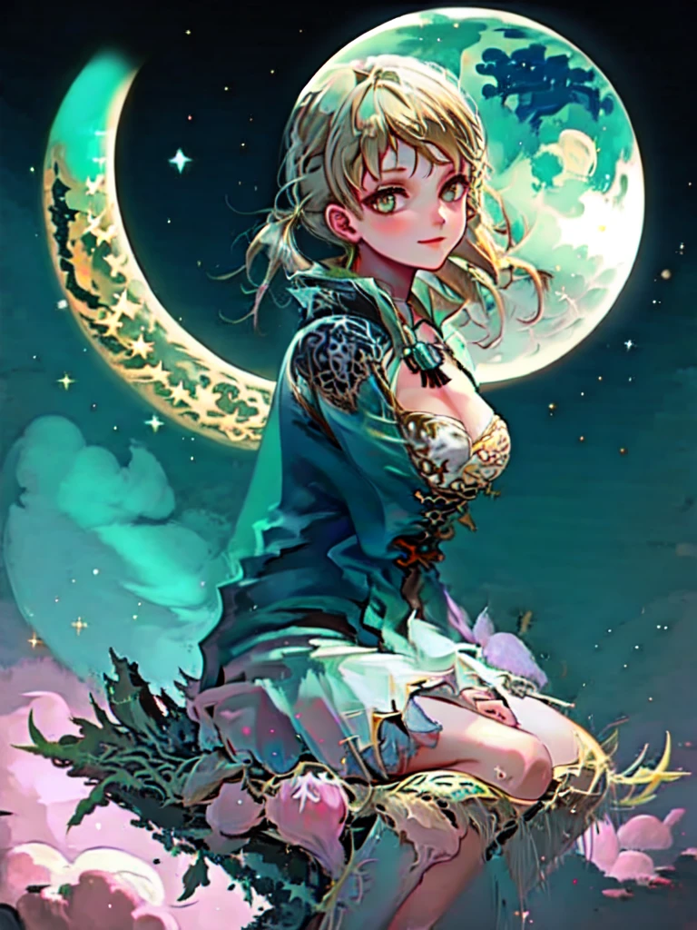  Beautiful night sky, Plains, Calm feeling, space, The moonlight illuminates the world, masterpiece, aurora,1girl, Solo, Long Hair, Looking at viewer, Blonde Hair, Twin Braids, Large breasts, Happy, Light Smile, sitting on moon (masterpiece, best quality), sitting on the crescent moon、Star Fairy、