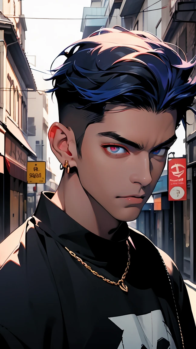 highest quality, 8K, high resolution image, anime style Jujutsu Kaisen, dark skin, (Cú Chulainn (Alter) | Fate | FGO ) detailed strokes, crazy look, piercing gaze, out of focus, purple light is reflected from it, 1 man, young, male, model, hand in pocket, cool guy, multicolored background with various geometric shapes, all around stickers, muscular, DARK BLUE HAIR, Dark Blue hair, red eyes, multicolored hair, blue hair, highlighted hair, Hairstyle: undercut, puffy chest, He is wearing a shirt and a black sweatpants, gold link chain, Hand in the Pocket, background: he is standing, big city, streets, park, people, blue sky, cars, bicycle