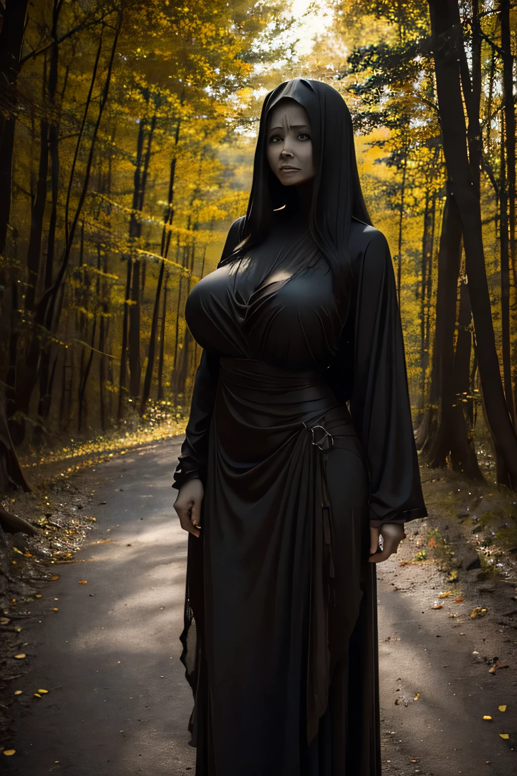 Generate hyper realistic image of a woman with flowing black hair, draped in a gothic dress that accentuates her curves. She walks gracefully through a field of autumn grass, her large breasts, swaying with each step. Her dark makeup and eyebrows add intensity to her gaze as she surveys her surroundings with a serene demeanor.