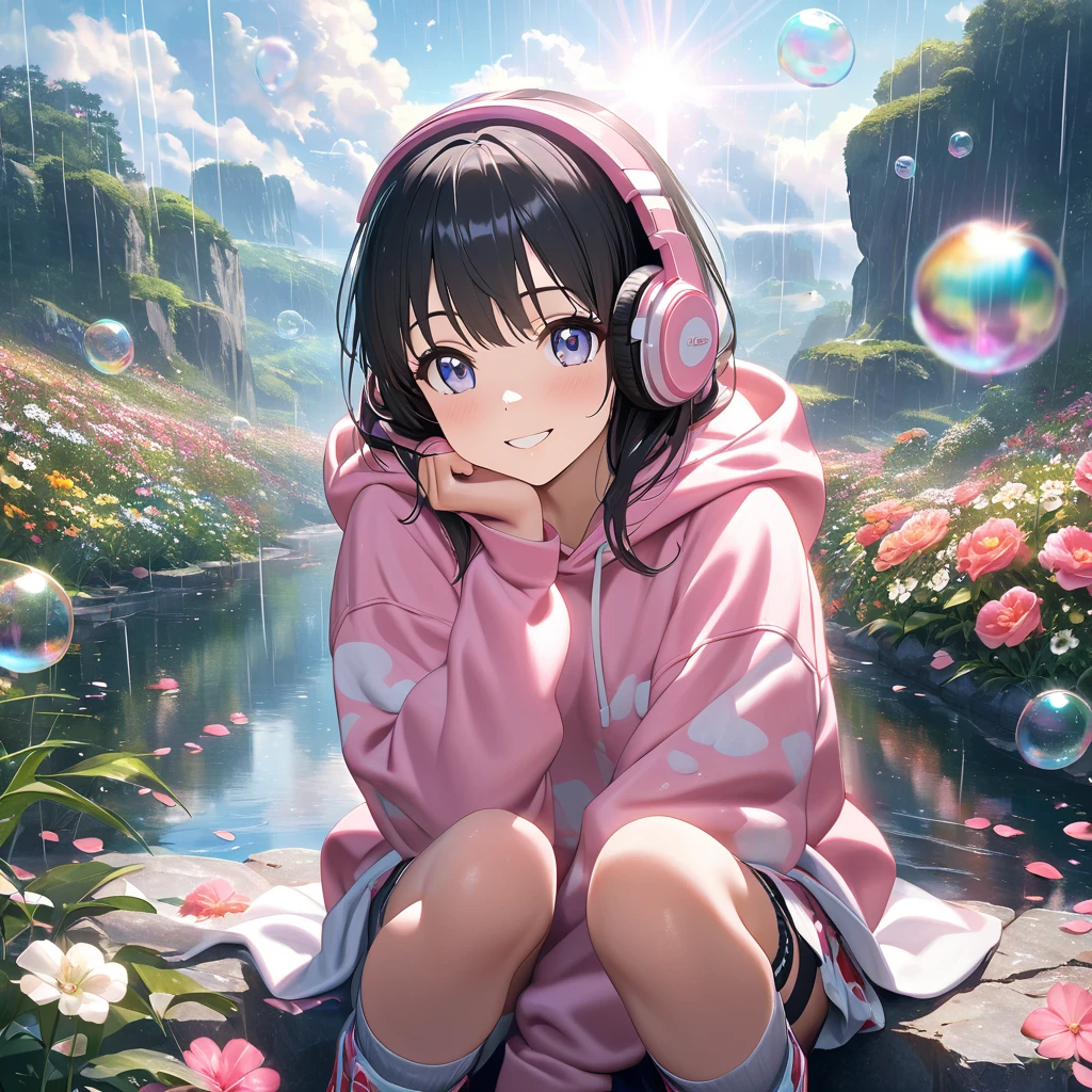 An anime-style girl with black hair that reaches to her chin. She wears an oversized black and pink hoodie with various prints, spats, and chunky sneakers. she smiles. She wears top quality headphones on her head. The background is a photorealistic world, with many flowers with transparent petals blooming. Transparent petals transmit sunlight and reflect it diffusely. Various landscapes are reflected in the rain and photorealistic soap bubbles. A little sunlight shining through the clouds.