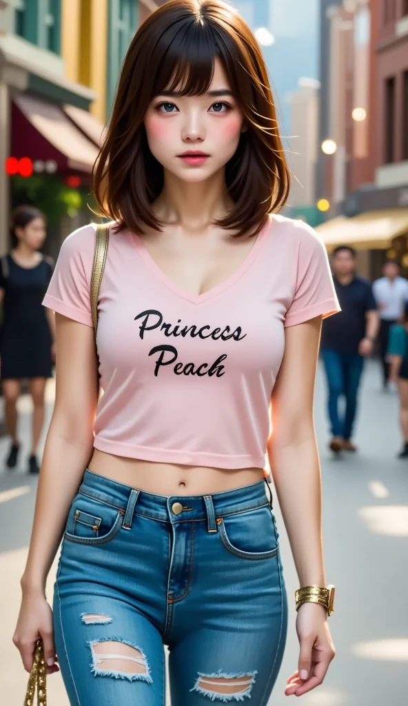  Princess Peach,  wide hips ,  Slim Body , Tight jeans,  detail face , (((No makeup:1.37))), (masterpiece:1.4, high definition:1.4,High image quality:1.4, 4K)、Cute face、Small breasts、(((" Princess Peach"T-shirts with the words)))、Stroll around downtown