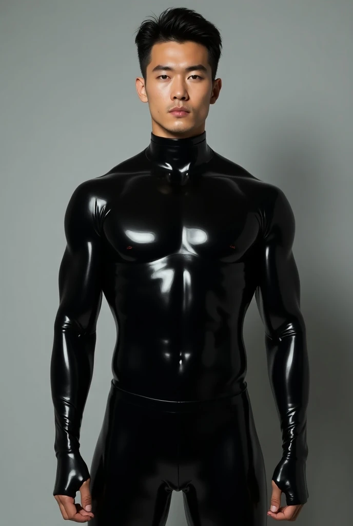 American man, （mtu）((black latex bodysuit, )) ，（(full body photo shot,)) The upper part of the body, (chest muscle，Handsome,), (((Ultra-detailed information, Ultra photo realsisim))),