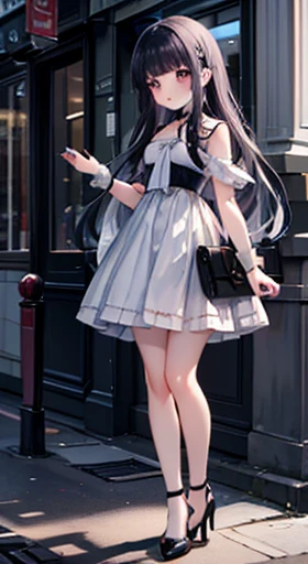  1 girl, masterpiece,  high definition, Strange Results , Illustration, Tomoyo, dress,  clevis, medium breasts,  High Heels , (Old:1.3),  standing ,   city street , big chest、 black hair long hair that made me blush、