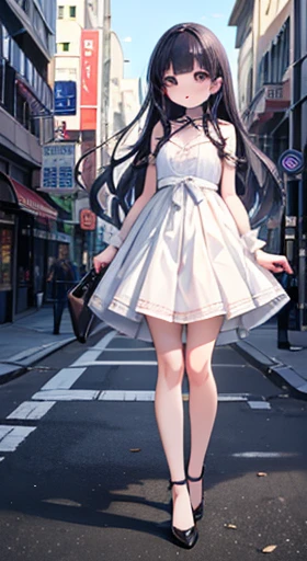  1 girl, masterpiece,  high definition, Strange Results , Illustration, Tomoyo, dress,  clevis, medium breasts,  High Heels , (Old:1.3),  standing ,   city street , big chest、 black hair long hair that made me blush、