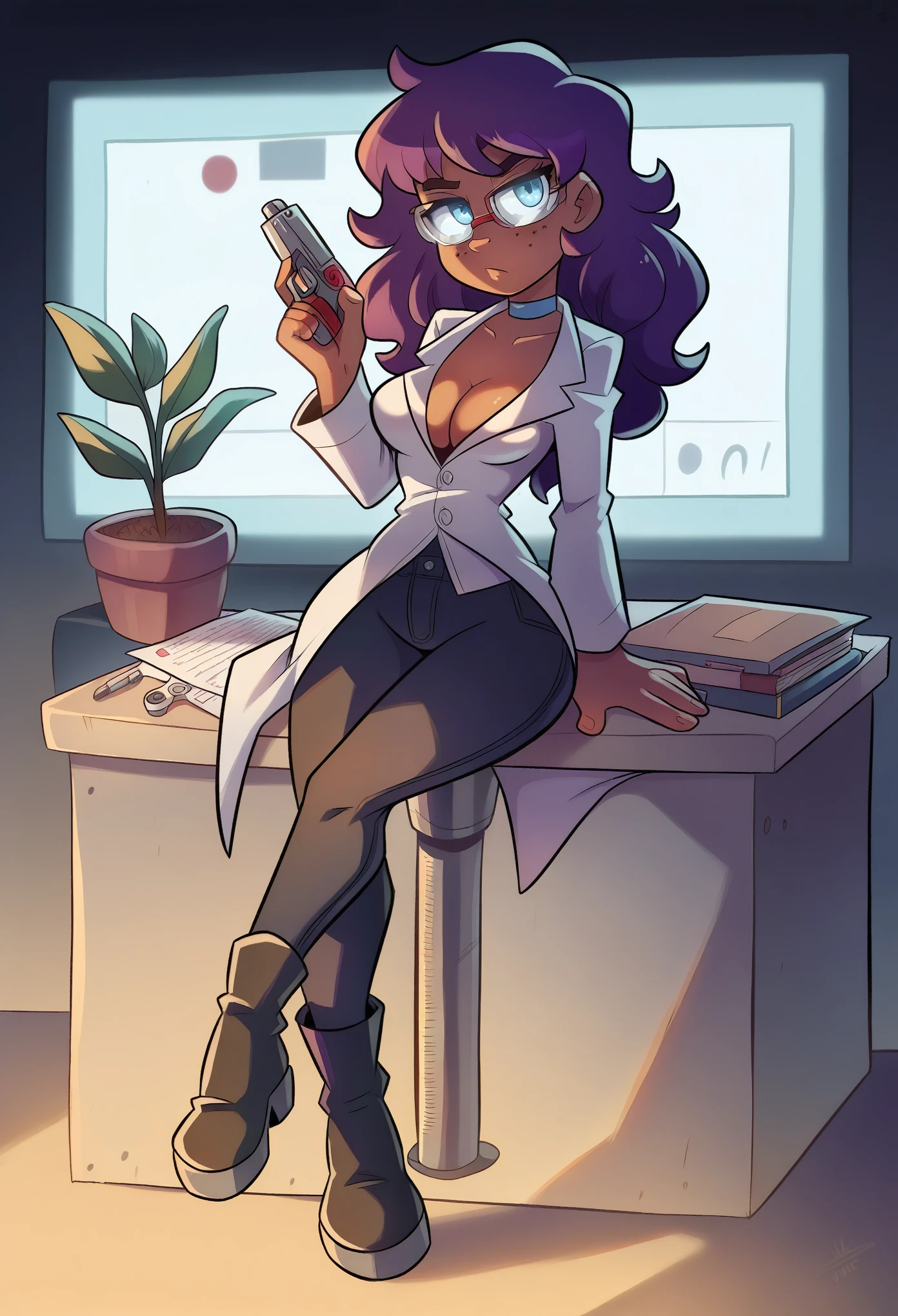 brilliant scientist, young female, dark brown skin, freckled face, heavy freckles, icy blue eyes, mystic purple hair, wavy hair, shoulder-length hair, cleavage, perfect ass, great hips, C-cups, Perfect breasts, shapely figure, white lab coat, lab coat with pockets, red undershirt, clean black jeans, black boots, cute glasses, serious face, sitting pose, holding pistol, well-decorated office, desk in background, scientific equipment, shelves with books, potted plant, modern office, soft lighting, professional atmosphere, focused expression, detailed background, clean environment, professional attire, light blue choker, tight choker, intellectual vibe, high-quality image alluring expression, flawless skin, delicate facial features, beautiful detailed eyes, extremely detailed face and features, masterpiece, 4k, 8k, high-res, ultra-detailed, physically-based rendering, vivid colors, studio lighting cinematic lighting, dramatic lighting, dramatic composition, dynamic pose, volumetric lighting, gradient, intricate details, Full body