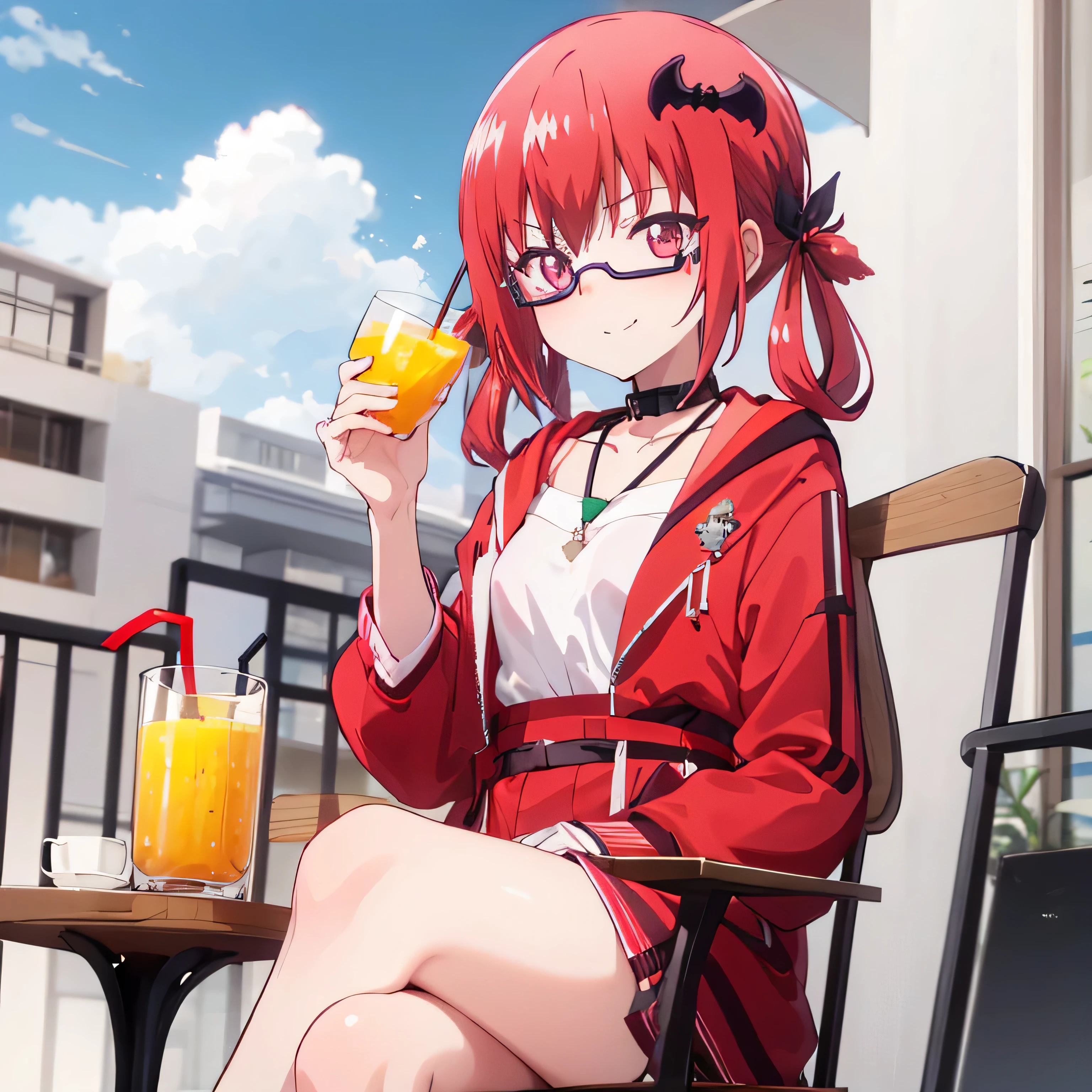 beautiful sunny day with scattered clouds
terrace house chair 
Satanichia McDowell pretty smiled and laid back and relaxed
With a cup drinking orange juice
Pretty magenta eyes
long shiny red hair with 2 pigtails
accessory around her neck and beautifully dressed 
Sunglasses on your forehead 