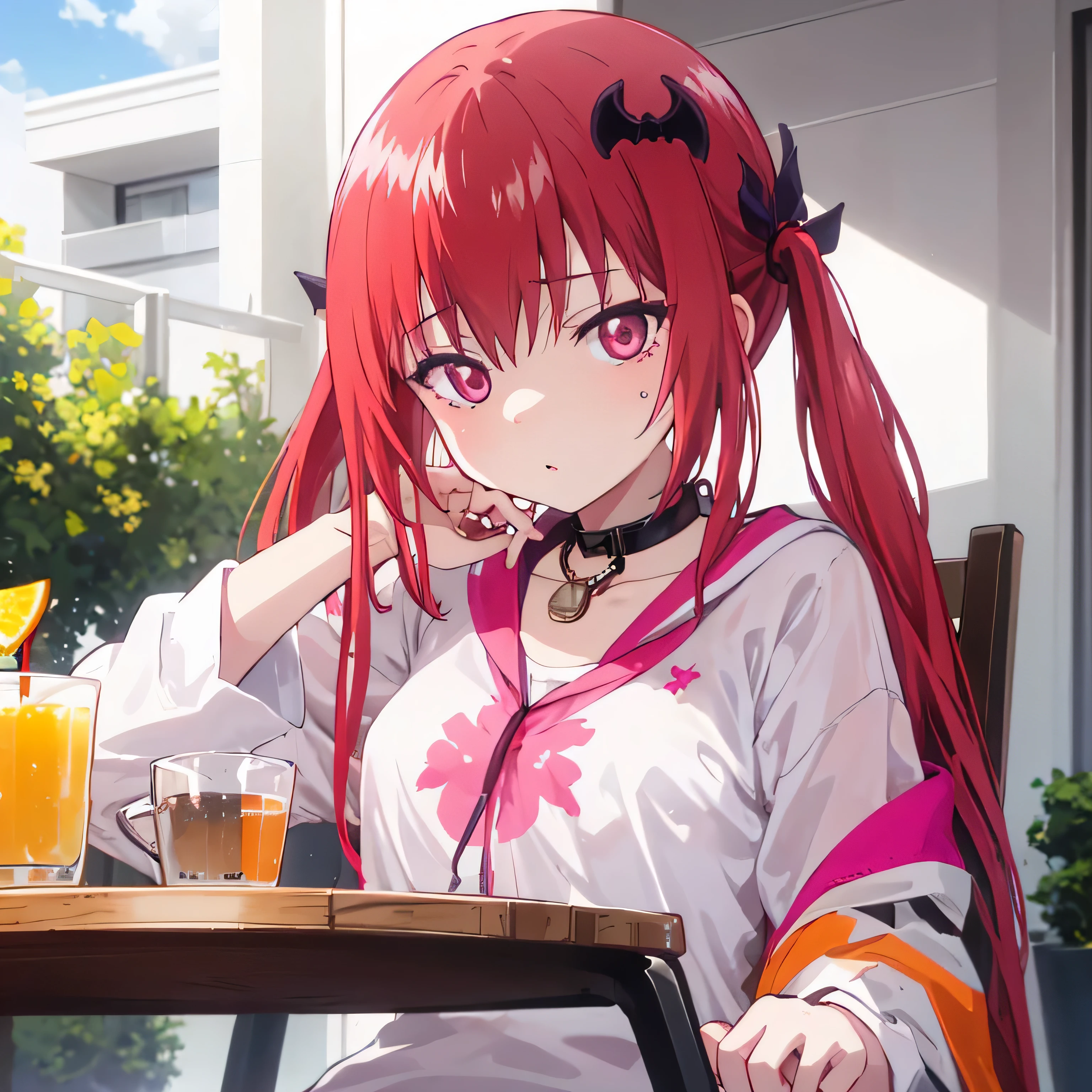 beautiful sunny day with scattered clouds
terrace apartment chair 
Satanichia McDowell lying down and relaxed
With a cup drinking orange juice
Pretty magenta eyes
long shiny red hair with 2 pigtails
accessory around her neck and beautifully dressed 