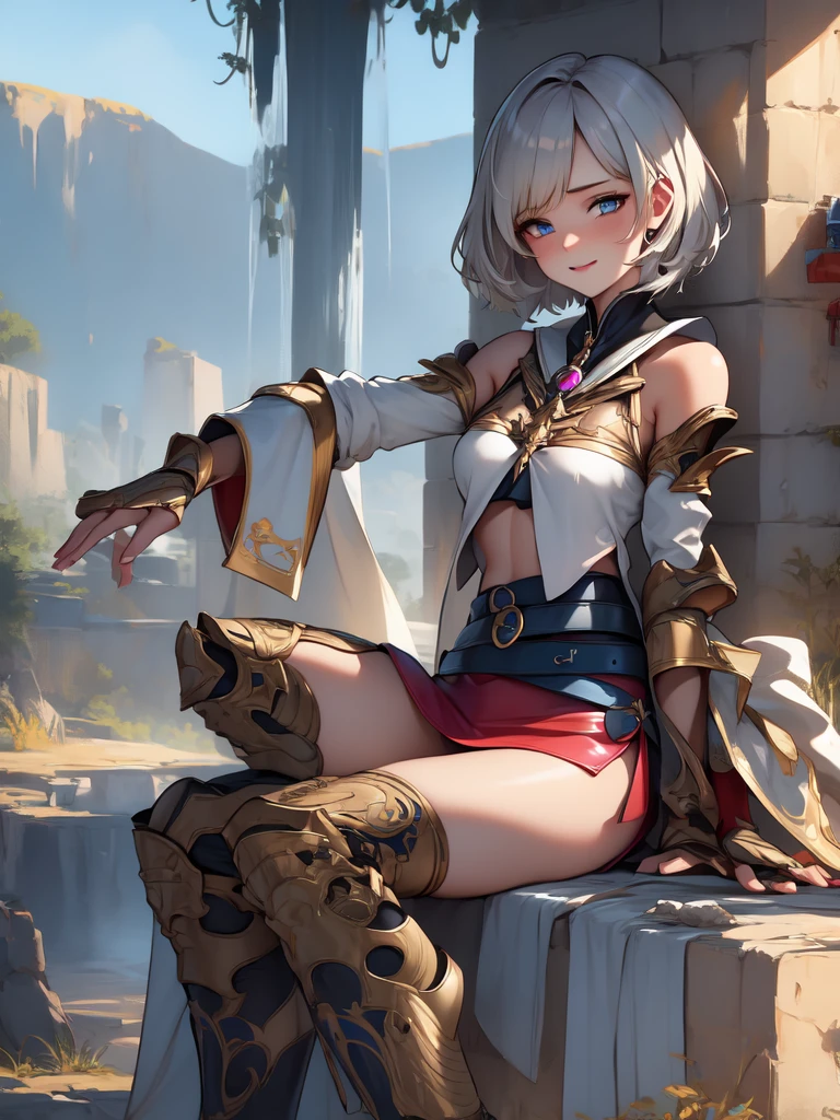 ultra sharp illustration, ultra detailed hair, detailed beautiful face, masterpiece, best quality, absurdres, perfect anatomy, (1girl, solo), good anatomy, Ashelia, short hair, translucent AsheliaOutfit, miniskirt, thighhighs, jewelry, belt, standing, cowboy shot, smile, dynamic pose, dynamic angle, outdoors, plains, hills, dripping wet transparent clothes, (sitting, spreading legs by hands), spread crotch by hands, spread_pussy, (spreading pussy by hands)