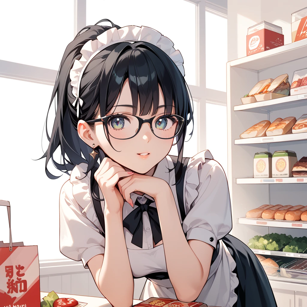 Black Hair,  long hair, ponytail,Glasses,  maid clothes,Thighs,shopping,shoppingカゴ