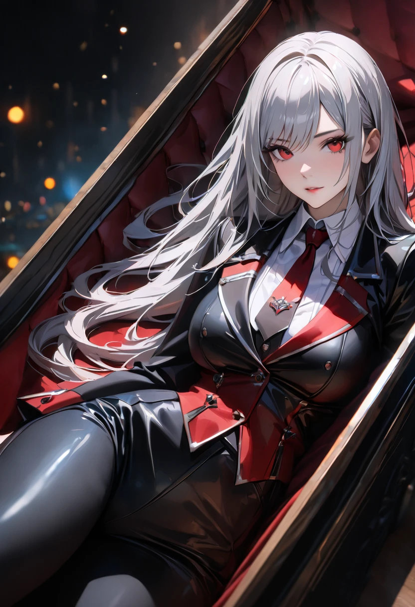 a mature vampire woman with big red eyes, white long hair, beautiful detailed face, laying down in a coffin, simple pose, attractive figure, shot straight. detailed outfit, white shirt, tight black suit, tie, tight black pants, (best quality,4k,8k,highres,masterpiece:1.2),ultra-detailed,HDR,UHD,studio lighting,ultra-fine painting,sharp focus,physically-based rendering,extreme detail description,professional,vivid colors,bokeh,dark fantasy,horror,chiaroscuro,dramatic lighting

