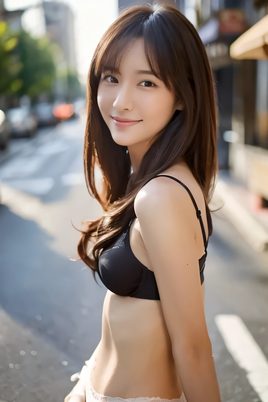 (( Best Quality, 【【8k, masterpiece :1.3)), 1 female, Smile, whole body, Slim face , pretty Woman, ( dark brown hair ), Ultra-fine face , Exquisite Eyes , double eyelids , blurry background , Slim face , City, external, street,(( Sexy Panties , Charming Boobs))((I want to make love . Charming Eyes ,2/3 whole body photos,))