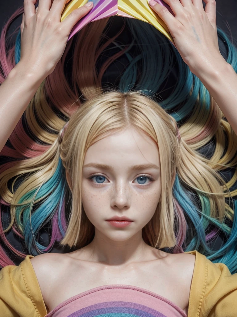 (Best Quality:1.2), blonde girl, alone，Abstract surreal colors, Popular geometric surrealism, rainbow colored dreams. (((((real life image))))). (((small))). (((petite))).