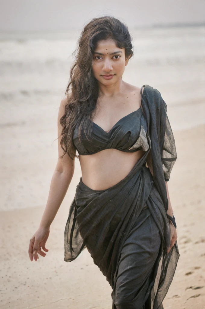 a 60 year old chubby kerala woman with dark skin, wrinkled face,wearing a black saree navel and clevage showing standing by a beach while wearing high heels that expose her belly button, photorealistic, hyper detailed, cinematic lighting, dramatic lighting, intricate details, elegant, dramatic, moody, atmospheric, volumetric lighting, cinematic composition, lush environment, intricate textures, female portrait, environmental portrait, dramatic pose