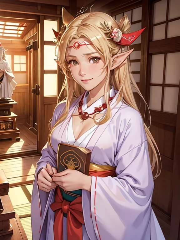 masterpiece, Best Quality,  Highly Detailed CG Unity 8K Wallpaper,((Rise Statue)), ((Japanese-style room)), (Long pointy ears), ((Average Chest Circumference, Self-illuminating skin)), ((Shrine maiden costume)), ( charming smile in a crowd), cute,  with a symmetrical face , fine grain, Key Art, Awards,  intricate detail realism HDR ,  photorealism , hyperrealism,  super real ,  Dramatic Light ,  Great views ,  Written Boundary Depth