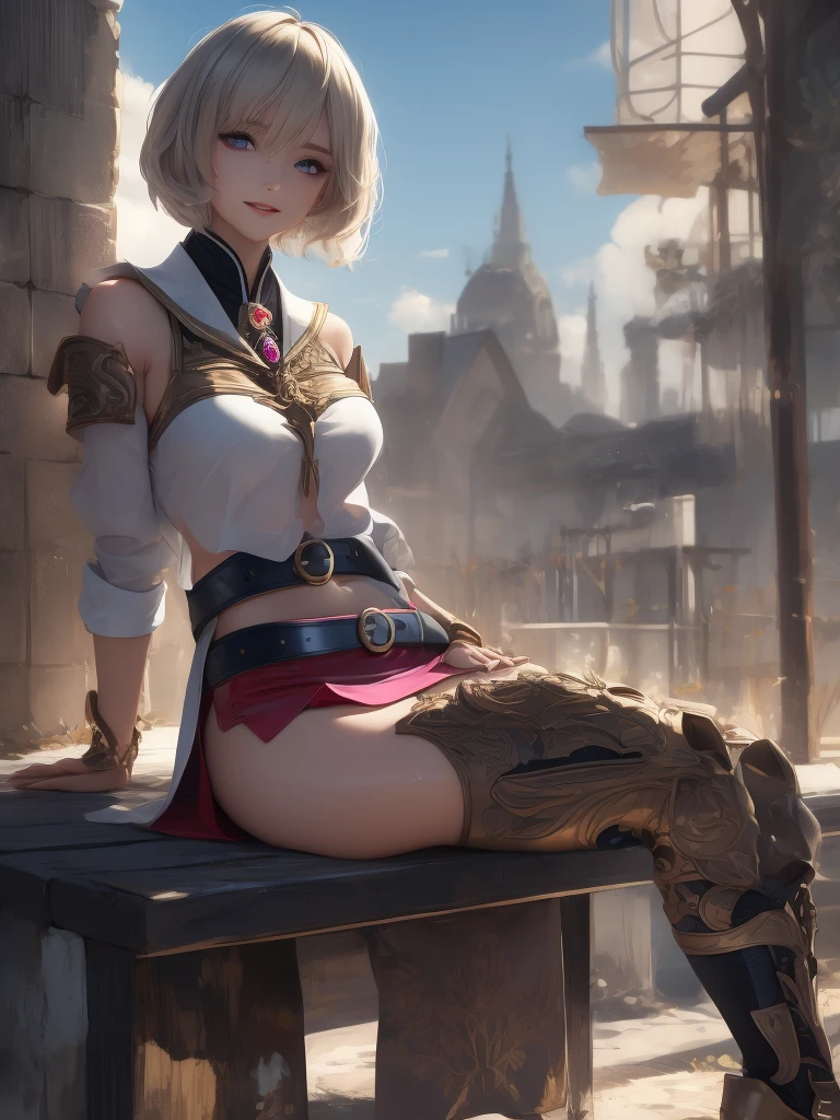 ultra sharp illustration, ultra detailed hair, detailed beautiful face, masterpiece, best quality, absurdres, perfect anatomy, (1girl, solo), good anatomy, Ashelia, short hair, translucent AsheliaOutfit, miniskirt, thighhighs, jewelry, belt, standing, cowboy shot, smile, dynamic pose, dynamic angle, outdoors, in the city, dripping wet transparent clothes, (sitting, spreading legs by hands), spread crotch by hands, spread_pussy, (spreading pussy by hands)