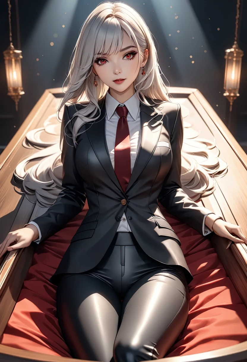 a mature vampire woman with big red eyes, white long hair, beautiful detailed face, laying down in a coffin, simple pose, attractive figure, shot straight. detailed outfit, white shirt, tight black suit, tie, tight black pants, (best quality,4k,8k,highres,masterpiece:1.2),ultra-detailed,HDR,UHD,studio lighting,ultra-fine painting,sharp focus,physically-based rendering,extreme detail description,professional,vivid colors,bokeh,dark fantasy,horror,chiaroscuro,dramatic lighting
