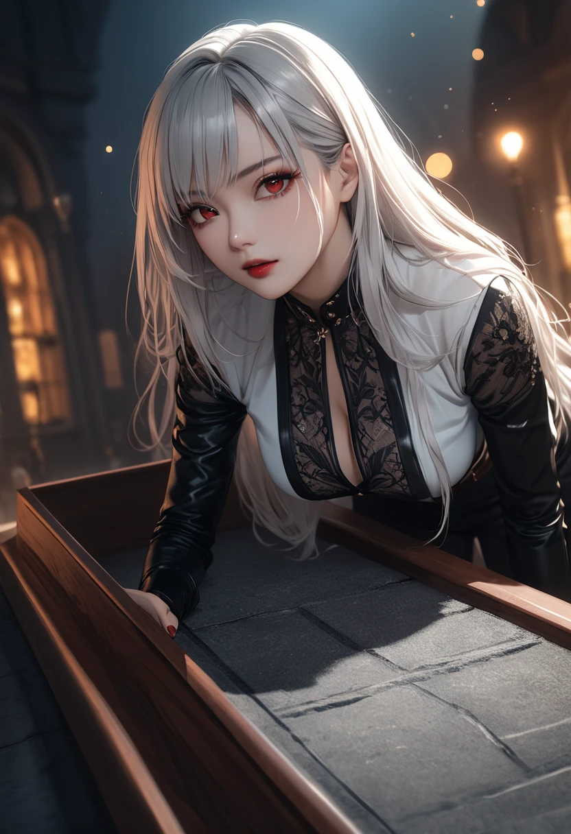 a mature vampire woman with big red eyes, white long hair, beautiful detailed face, laying down on a tombstone, coffin, shot straight. detailed outfit, white shirt, tight black pants, (best quality,4k,8k,highres,masterpiece:1.2),ultra-detailed,HDR,UHD,studio lighting,ultra-fine painting,sharp focus,physically-based rendering,extreme detail description,professional,vivid colors,bokeh,dark fantasy,horror,chiaroscuro,dramatic lighting
